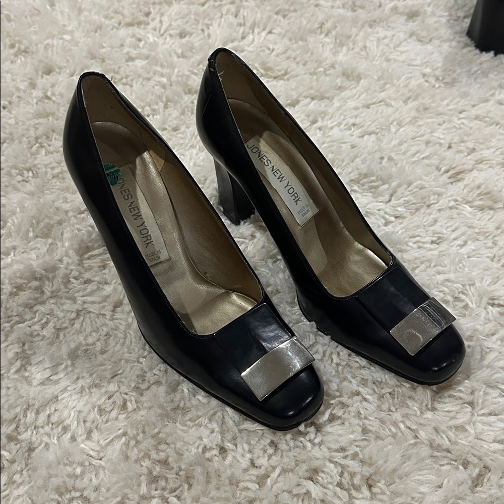 JONES NEW YORK 90’s Retro Designer Vintage Spanish Black Leather Heels Sz 8.5